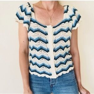 NWT Broadway 38 crochet open knit striped boho button down sweater zigzag XL